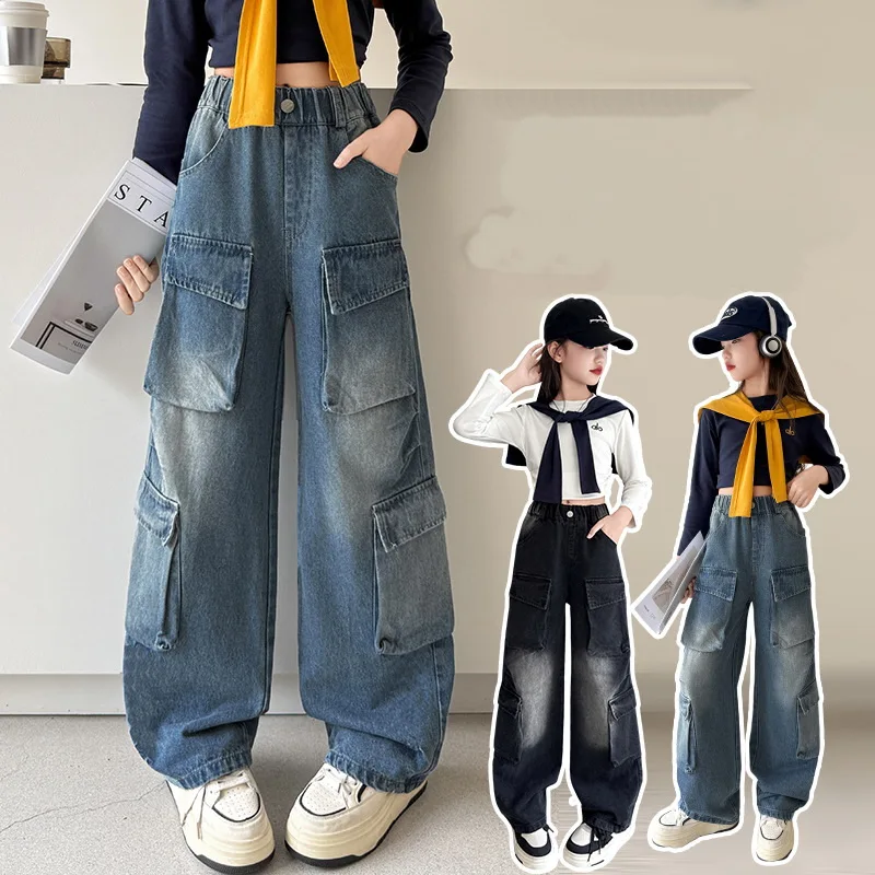 

Высококачественные детские джинсы-карго с боковым карманом для девочек, модная уличная одежда, джинсовые брюки, детские джинсы в стиле хип-хоп, брюки