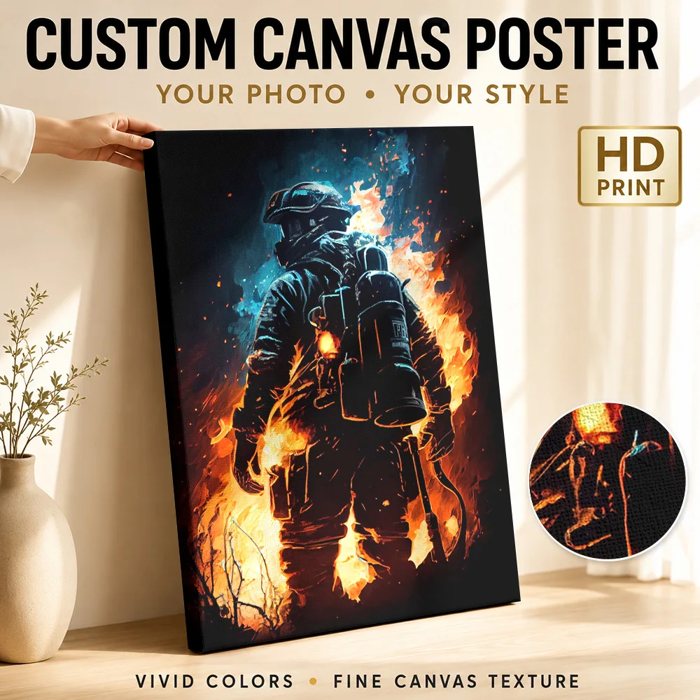 Firefighter Blue Flame Portrait Wood Framed Canvas Print Personalized Photo Dramatic Action Detail Wall Art For Fire Station
