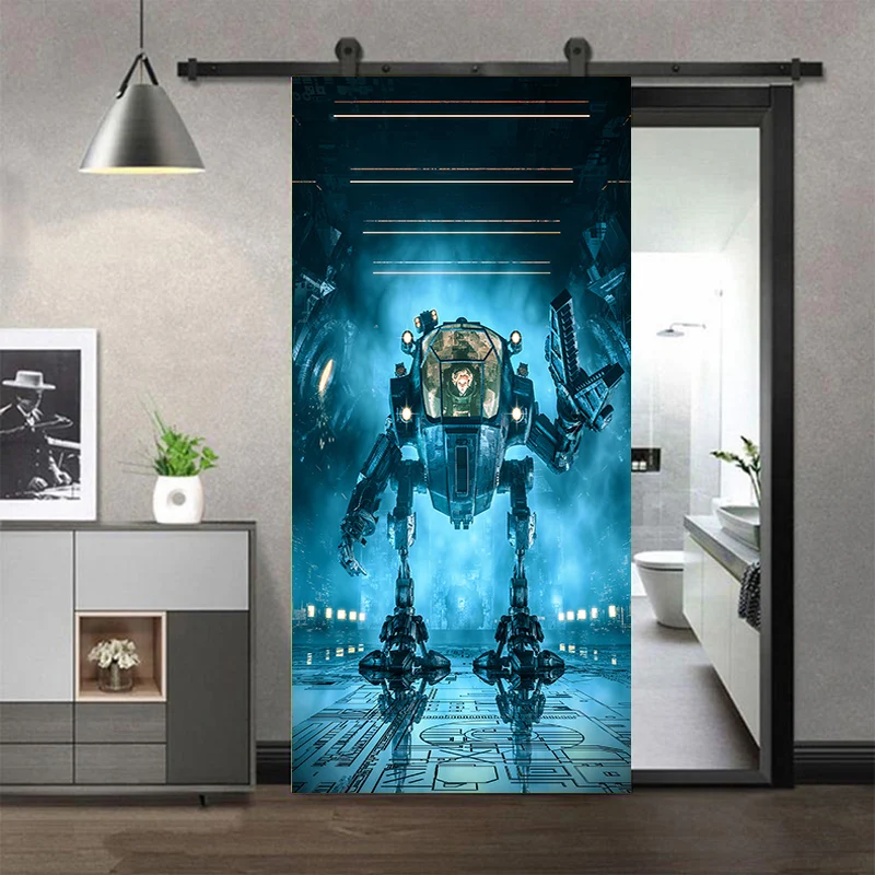 Door Sticker Spaceship Mech Warrior Door Decals Self Adhesive Wallpaper Watercolor Floral Poster Mural Bedroom Decor