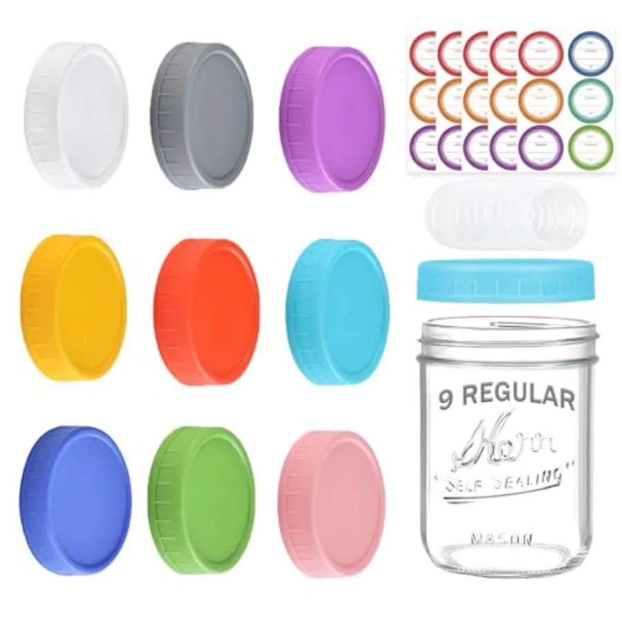 9 Pack Regular Mouth Mason Jar Lids - 70mm Colored Plastic Mason Lids with Silicone Rings and Removable Labels for Ball, Kerr a