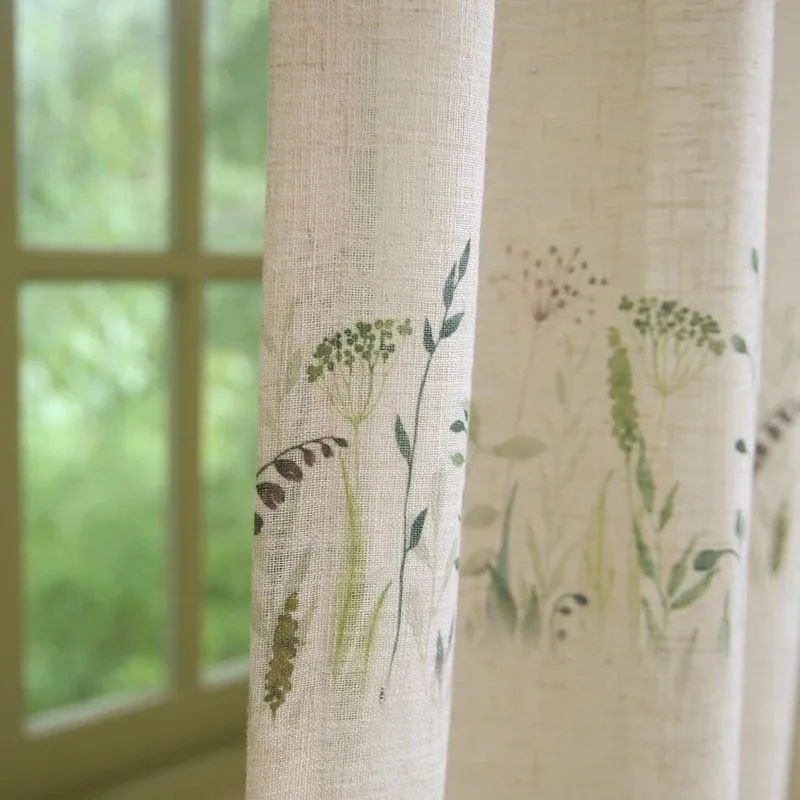 Linen Countryside Printed Window Screen Curtains for Living Room French Window Partition Curtain Customized Finished Decoration