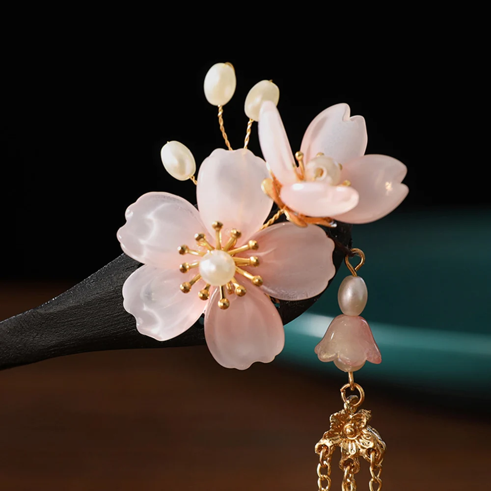 Chinese Hair Stick Flower Tassel Hairpin Sandalwood Ancient Girls Hair Bun Forks Chopsticks Vintage Hanfu Headpiece Hair Jewelry