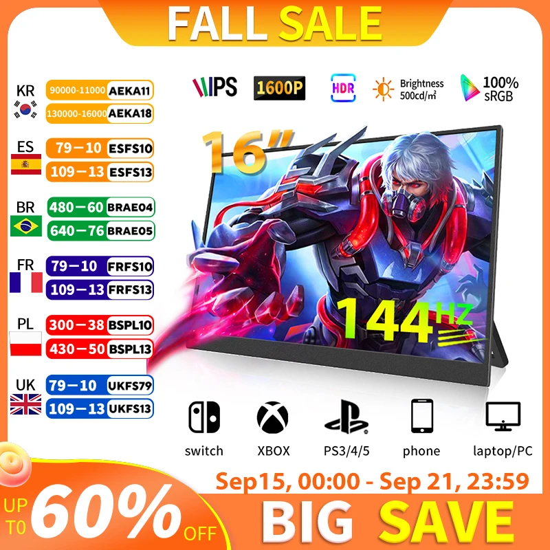 

16-дюймовый игровой монитор 100% sRGB 2,5K, 144 Гц, 500Cd/m2, портативный игровой монитор Type-C, HDMI-совместимый для ноутбука-переключателя, расширенный дисплей xbox