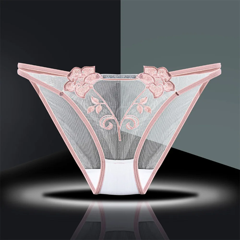 

Hollow Out Women's Flower Embroidery Panties Cotton Crotch Thin Belt Mid Waist Mesh Briefs Solid Color Seamless