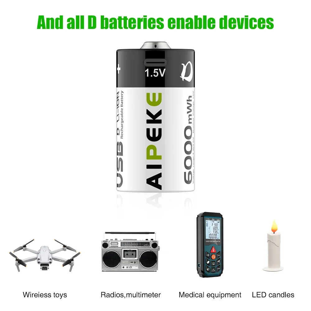 AIPEKE 1.5V D Size 6000mWh Rechargeable Battery  r20 rechargeable batteries d size Type-C Charging for Flashlight Gas Cooker