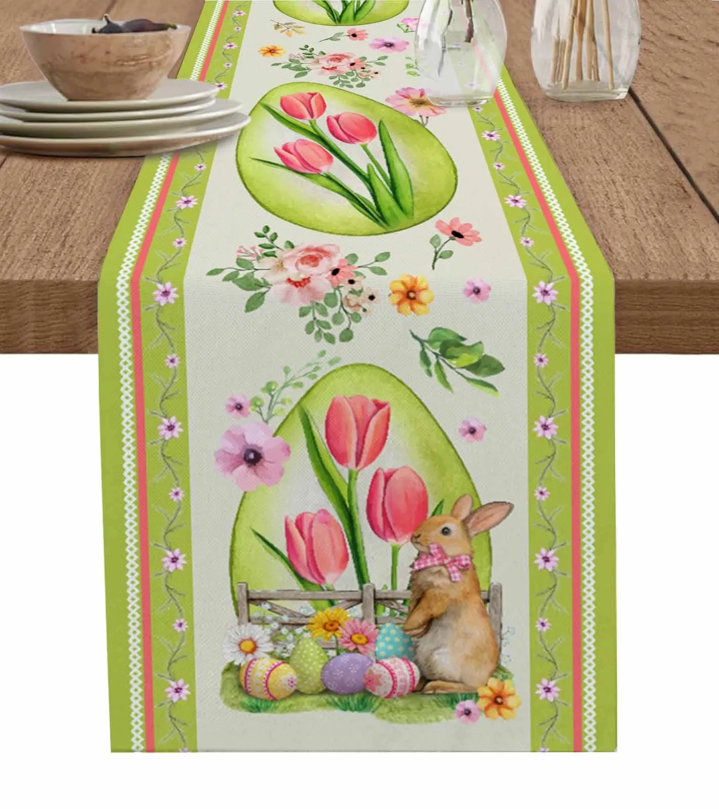 

Easter Eggs Bunny Tulip Flower Retro Linen Table Runner Luxury Wedding Decor Dresser Scarf Dining Table Home Holiday Party Decor