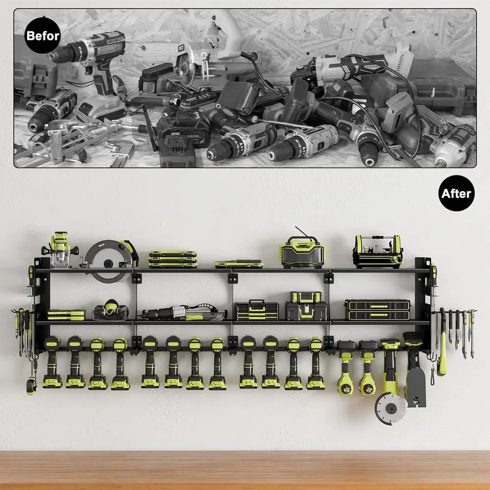 Power Tool Organizer Wall Mount, 16 Slots, 3-Tier Drill & Cordless Tool Storage Holder with Pegboard Sides, Tool Wall Organizer