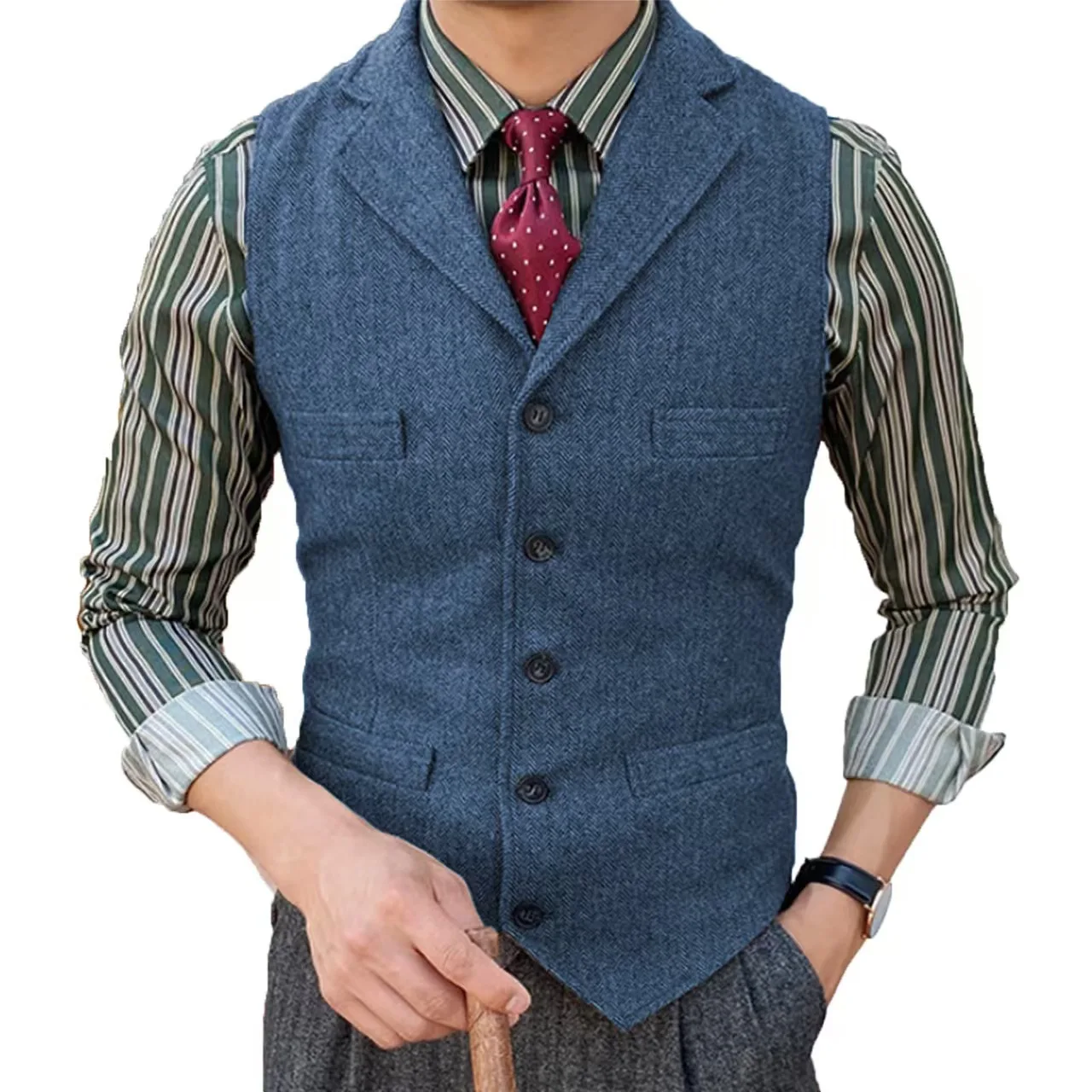 Men's Slim Fit Herringbone Single Button Casual Vest Wedding Groom Waistcoat Male Fashion Coat