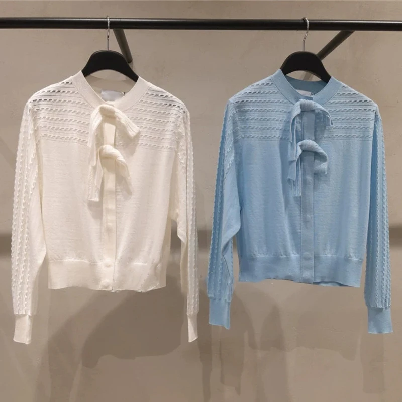 

Ele Sweet Canion MICOAT 25 Autumn Small round Ne Knot oulder Sve Hollow out Knitted Open Cardigan Wom...