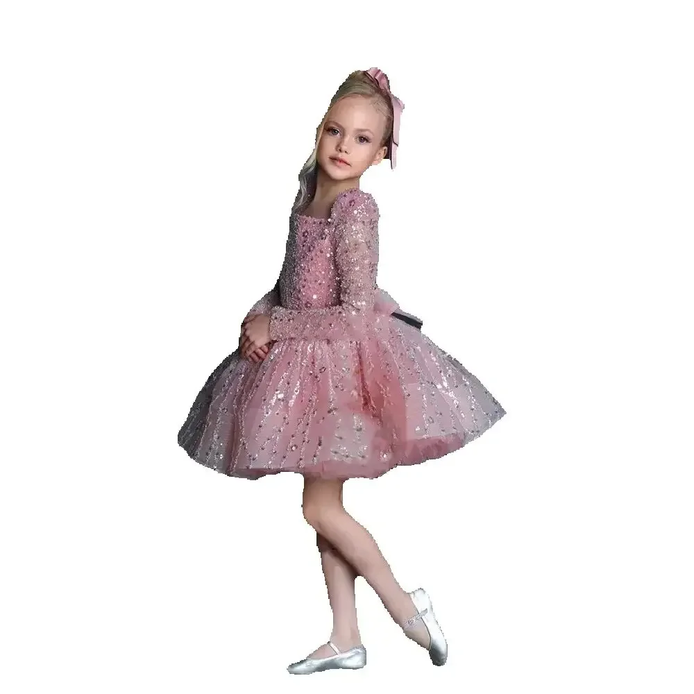 فستان بناتي للحفلات بأكمام طويلة مزين بالترتر من التول مع فيونكة رسمية لحفلات الزفاف وحفلات أعياد الميلاد لفتاة الزهور