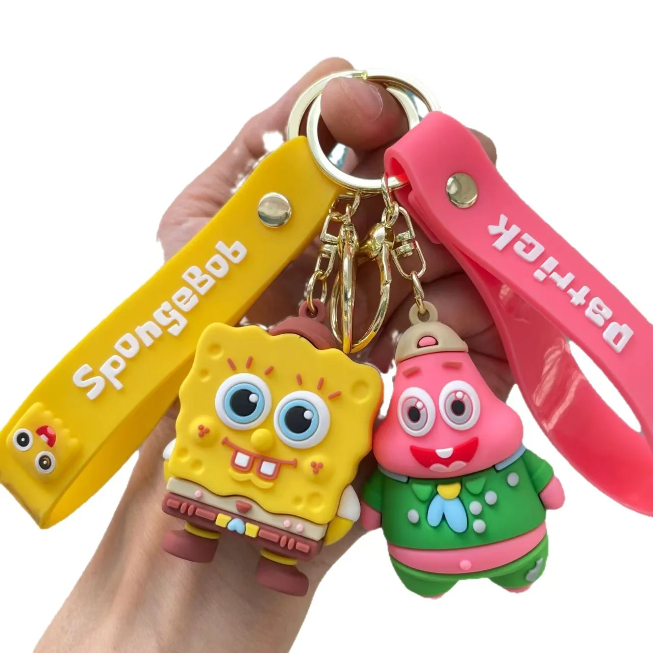 New SpongeBob SquarePants Character Keychain Set - SpongeBob, Patrick, Squidward PVC Figures & Metal Rings, Bag charm Christmas