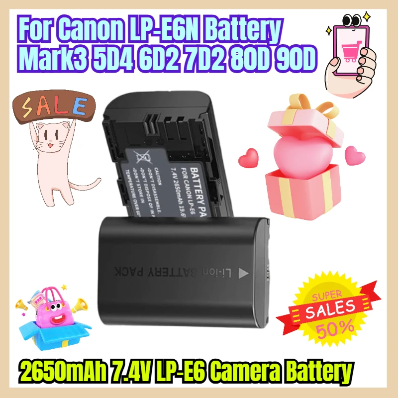 

2650mAh 7.4V LP-E6 Camera Battery for Canon LP-E6N Battery Mark3 5D4 6D2 7D2 80D 90D