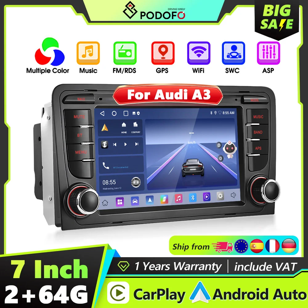 Podofo 2DIN 2+46G Intelligentes Autosystem mit Carplay, Android Auto, Mirror Link, GPS, WLAN und Autoradio für Audi A3 8P 8P1 S3 RS3 Sportback