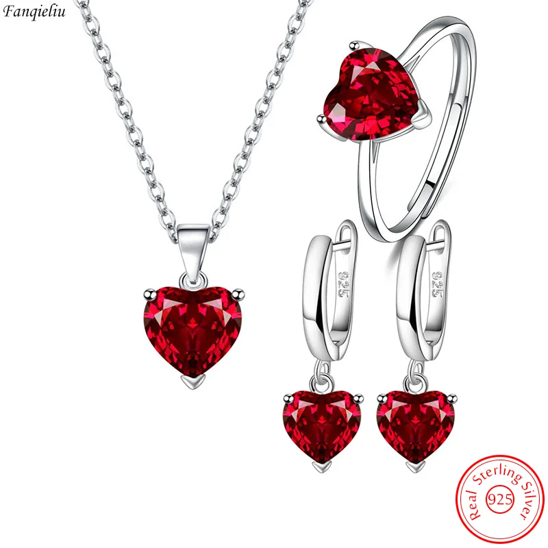 

Fanqieliu Real 925 Sterling Silver Drop Earrings Crystal Ring Heart Pendant Necklace Jewelry Sets For Women Trendy New FQL22237