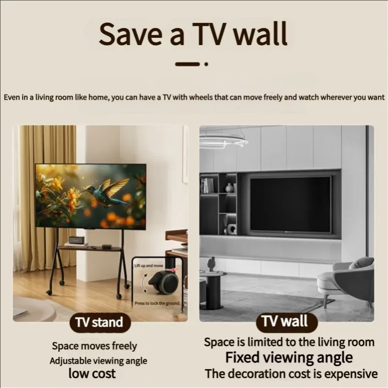 Nordic Mobile TV Stand with Wheels, Universal TV Rack & Live Monitor Shelf, Modern Rolling TV Cart for Living Room Furniture