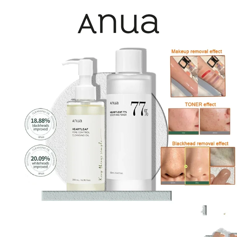 Anua Heartleaf limpeza profunda conjunto, toner calmante, Poros controle, limpeza óleo, 77%