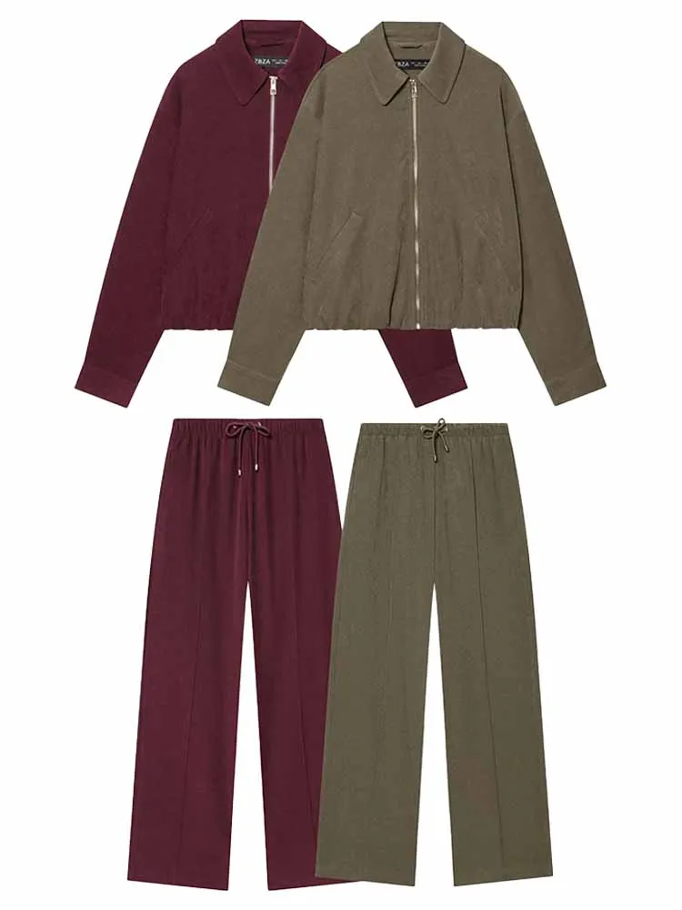 HH-Conjunto de 2 piezas para mujer, chaquetas informales versátiles con solapa lisa y cremallera + ropa informal con cordones y elasticidad de cintura alta, pantalones sueltos