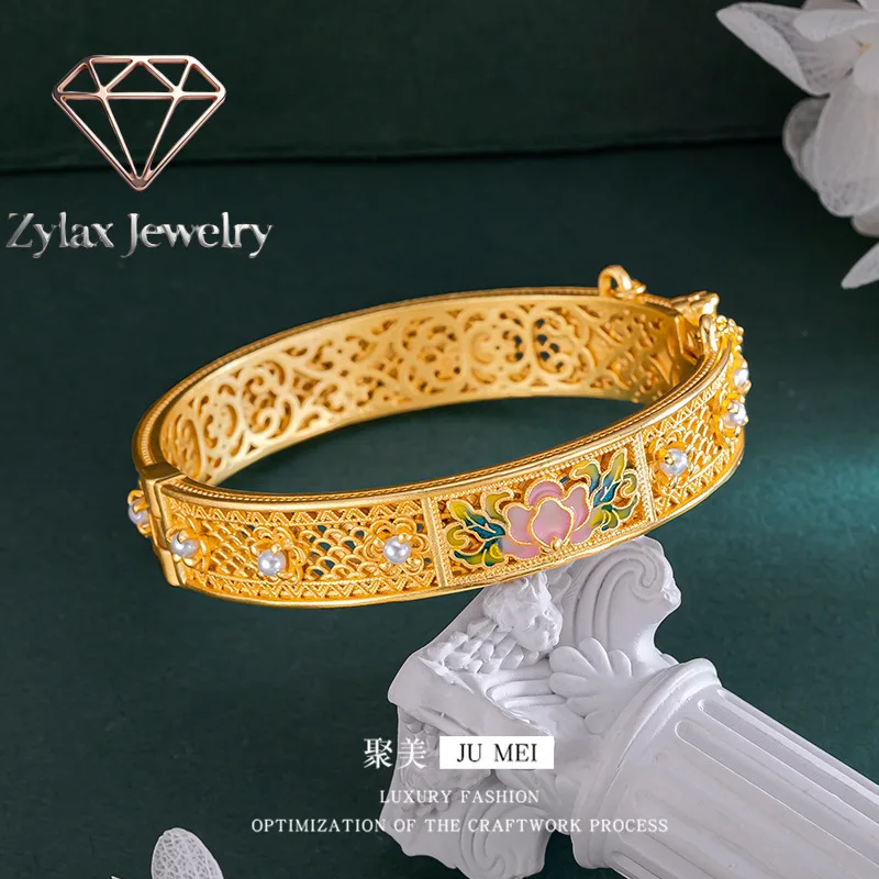 

Zylax Jewelry Luxury 24K 9999 Pure Gold real gold Women's Bracelet with Filigold and Rich Pearl