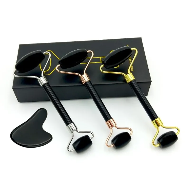 1Set Natural Black Obsidian Massage Roller Double Head Jade Facial Massager Board Manual Skin Care Tool Set Face Lifting Tool