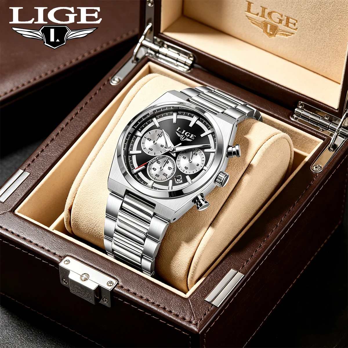 LIGE 2026 Luxury Man Watch Fashion Luminous Waterproof Business Quartz Watches Chronograph Calendar Stainless Steel Men Watches