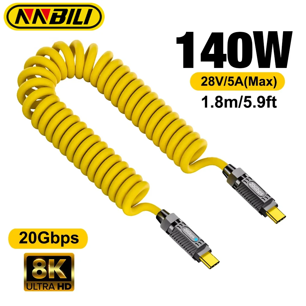 NNBILI USB 3.2 Gen2 Type C to USB C Male/Female Spring Cable For iPhone 15 16 Pro Max Samsung 8K@60HZ PD 140W 5A Fast Data cable