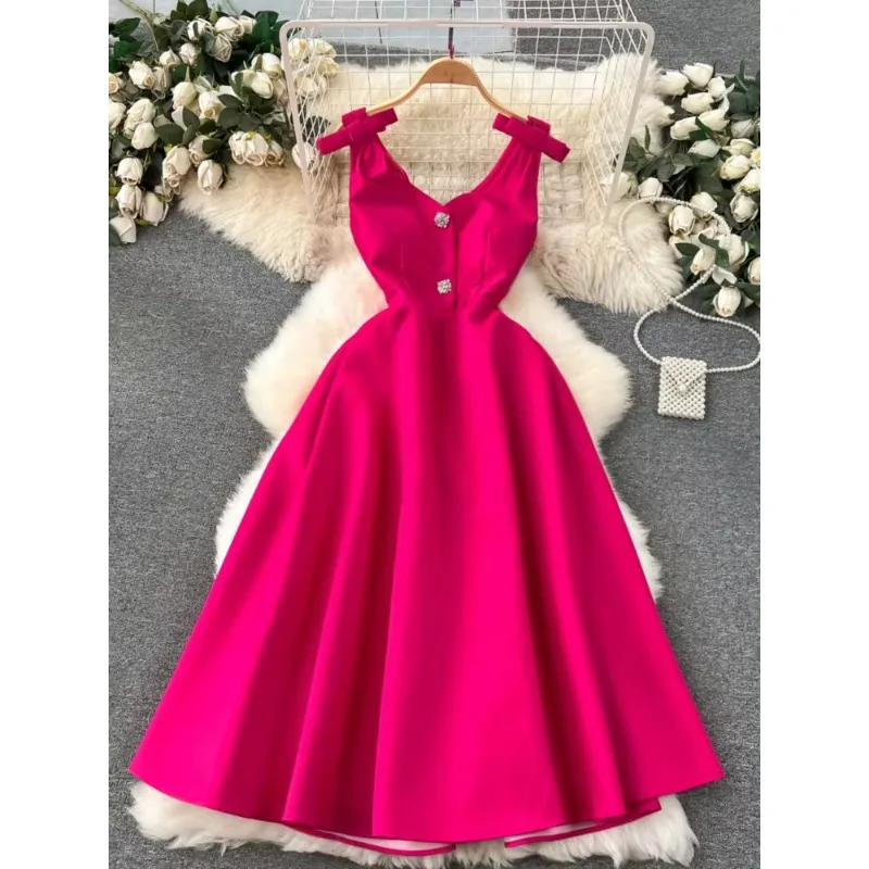 Sweet Memory Sexy Dress Girls Women Spaghetti Strap V-neck Midi Dress Casual Lady Empire Slim A-line Dress Elegant Party Dress