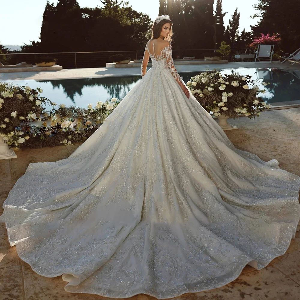 Robe de mariée à manches longues avec appliques en dentelle, robe de Rhde luxe, robes de mariée sur mesure, vêtements de princesse pour femmes, haute qualité, 2024