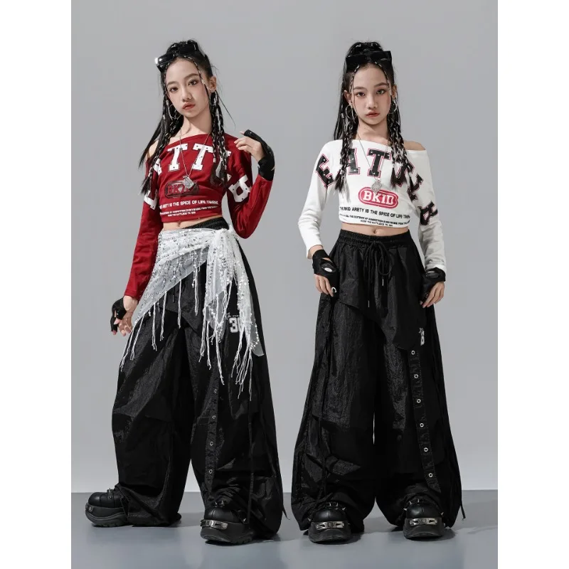 ヒップホップガールズ-オフショルダー-クロップトップ-カーゴパンツ-キッズ-k-pop-ストリートダンス衣装セット-子供-ガールズグループ-ストリートウェア-ティーンコスチューム