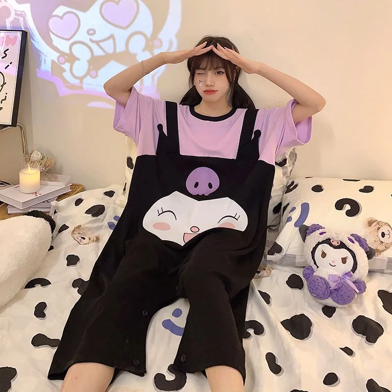 

Sanrio cute Kuromi BadBadtz-maru one-piece pajamas for women summer new thin large size fat MM kawaii nightgown home clothes