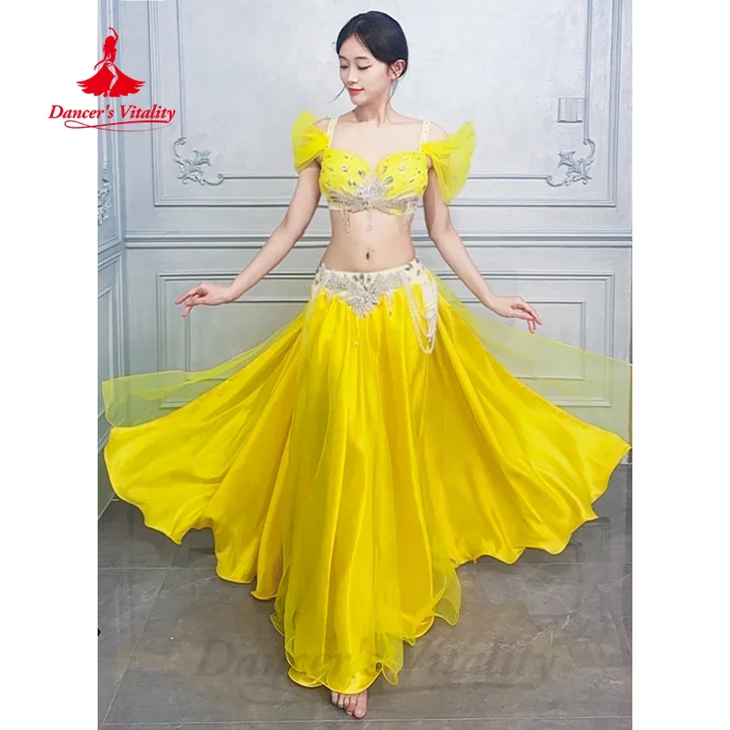 

BellyDance Performance Clothing Women's Customized Luxury Rhinestone Bra+lithe Chiffon Long Skirt 2pcs Oriental Dance Outfit Set