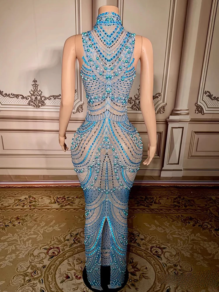 High Quality Rhinestone Blue Sexy Mesh Vest Dress 2025 New Fashion Custom Women'S Clothing