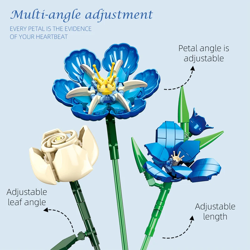 New Midnight Blue Tulip Bouquet Building Blocks Set Rose Artificial Flowers Bricks Ornament Toy for Girls Adults Gifts