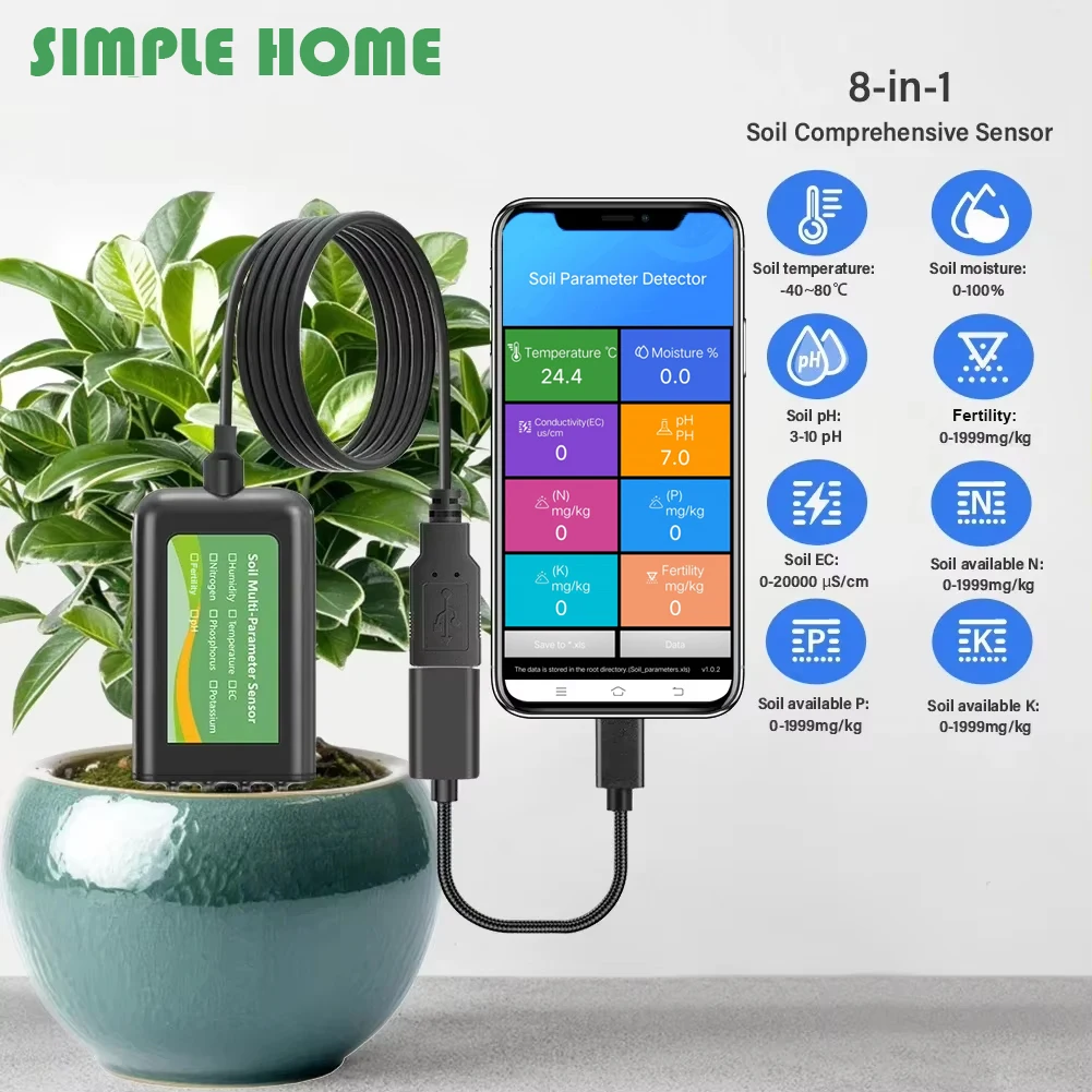 8 in 1 Soil Tester Soil PH EC Meter High Precision Temperature Moisture NPK Fertility Sensor Detector For Garden Or Farm