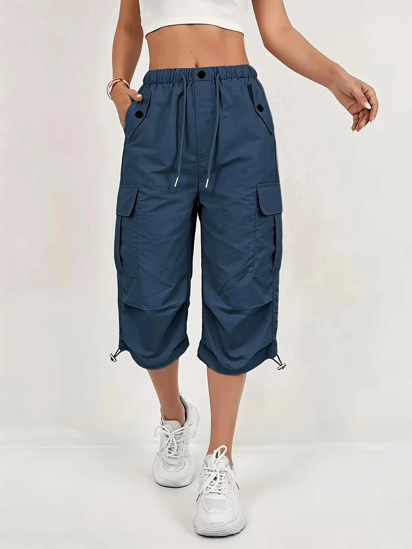 Women's Quick-Dry Cargo Capri Pants with Elastic Waist & Drawstring - Lightweight Stretch Suitable for - Outdoor Pants, Multi- Trousers, Machine Washable Loose-Fit Mid-Length for, Travel, Casual Attire