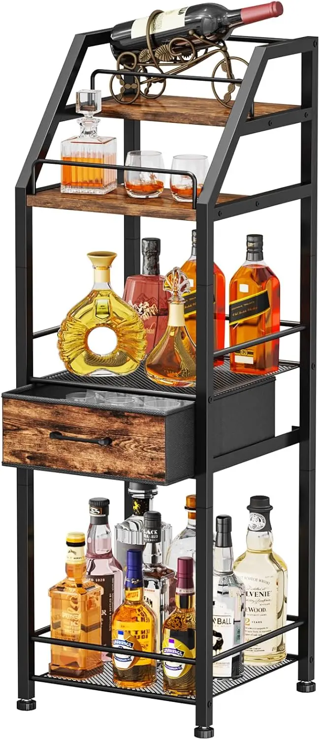

4-Tier Stepped Freestanding Wine Rack with Fabric Drawer, Bar Stand for Home Living Room Kitchen Dining Room