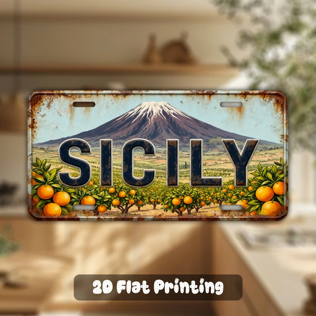 1pc Retro Sicily Scenery Fridge Magnet (3.9'x1.97'), Vintage Rusty Metal Border Design, Aluminum Refrigerator Magnet, Travel