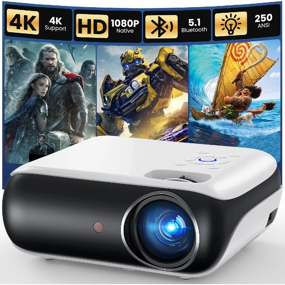 Proyector 4K, Proyector de Cine en Casa con Bluetooth y Altavoz Integrado, Compatible con Smartphone, HDMI Stick y PS5
