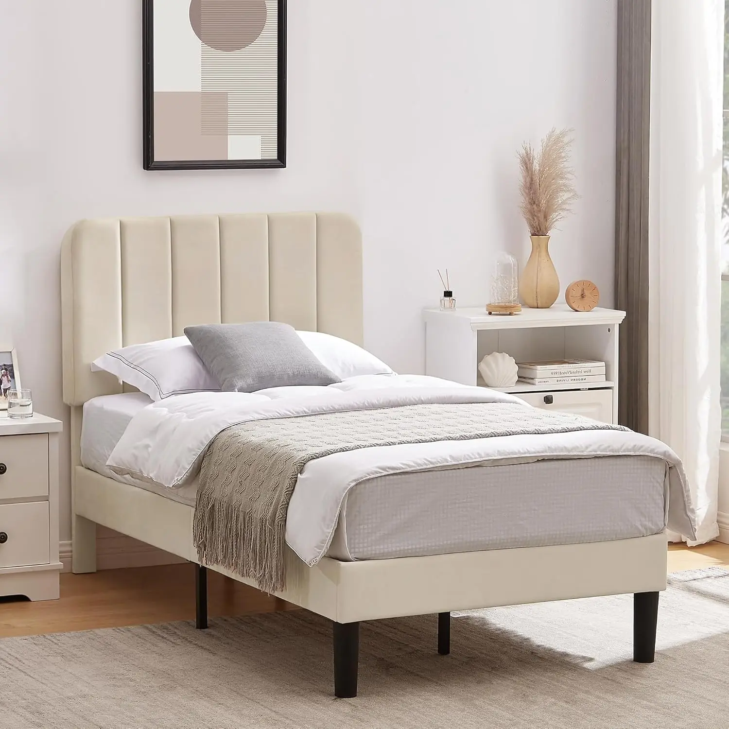 

Twin Size Upholstered Bed Frame with Adjustable Headboard, Velvet Platform Bedframe Mattress Foundation, Strong Wood Slat Suppor