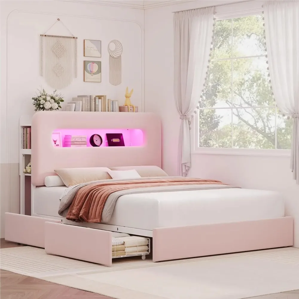 

Queen LED Bed Frame with Storage Headboard and Charging Station, Girls Bed Frame with 2 Drawers and USB Ports, Pink