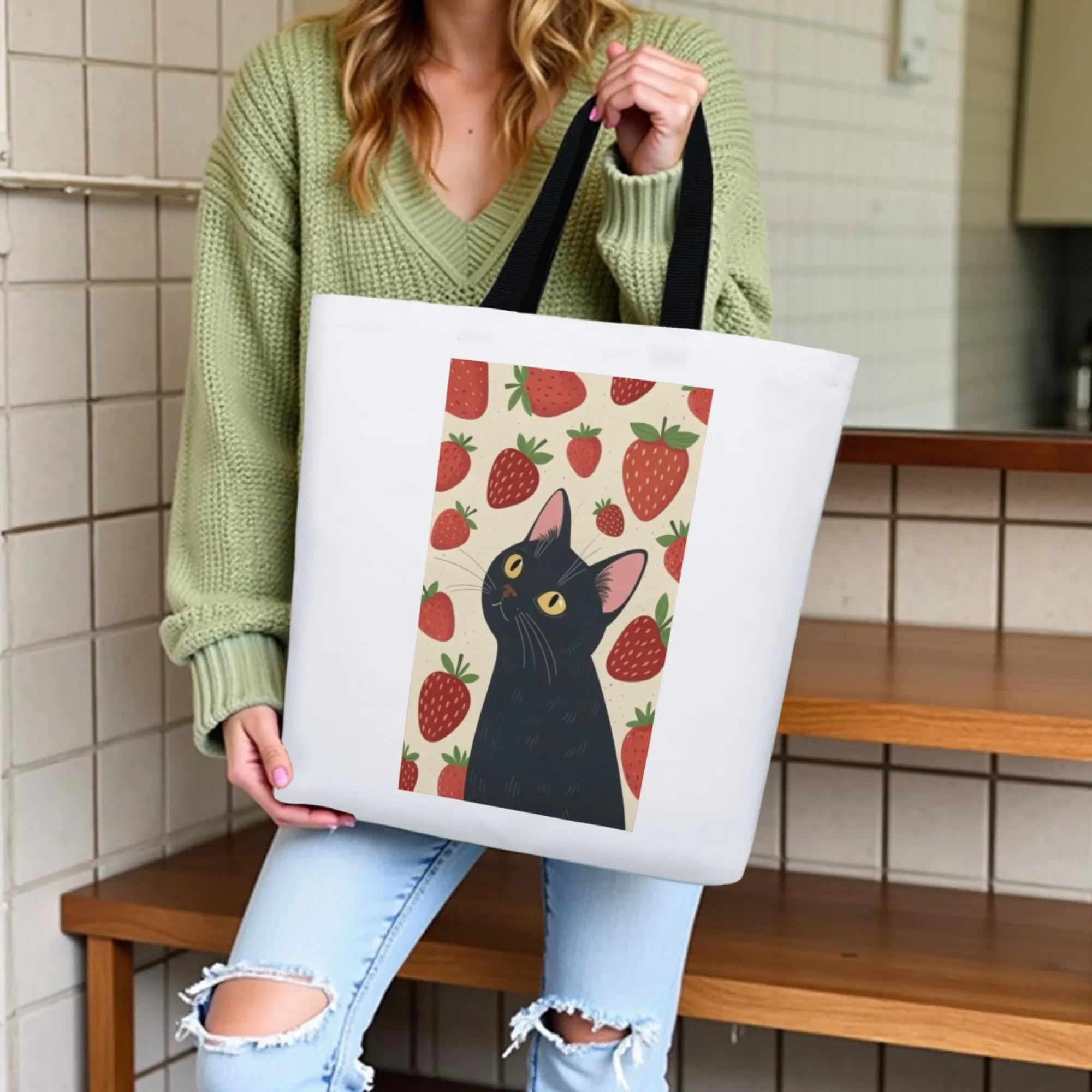 Sweet Cat Style Canvas Tote Bag Black Cat & Strawberry Design Shoulder Bag for Women Large Reusable Suitable for Daily Dating