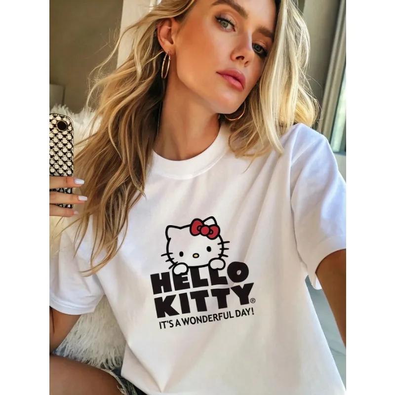 

Cartoon Sanrio Hello Kitty Women's Casual Printed Round Neck Short Sleeve Fashion Pattern Shoulder T-shirt Top Casual Clothing