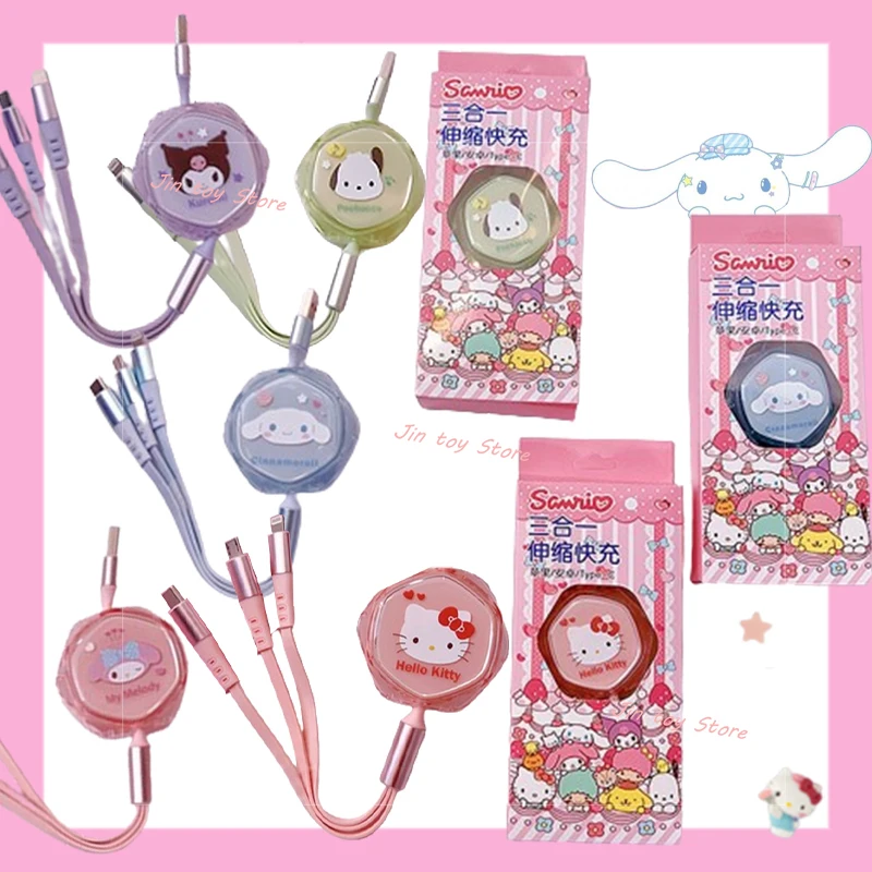 New Hello Kitty Sanrio Kuromi Cinnamoroll My Melody Purin Pochacco 66W Fast Charging Data Cable Portable Three-In-One Data Cable