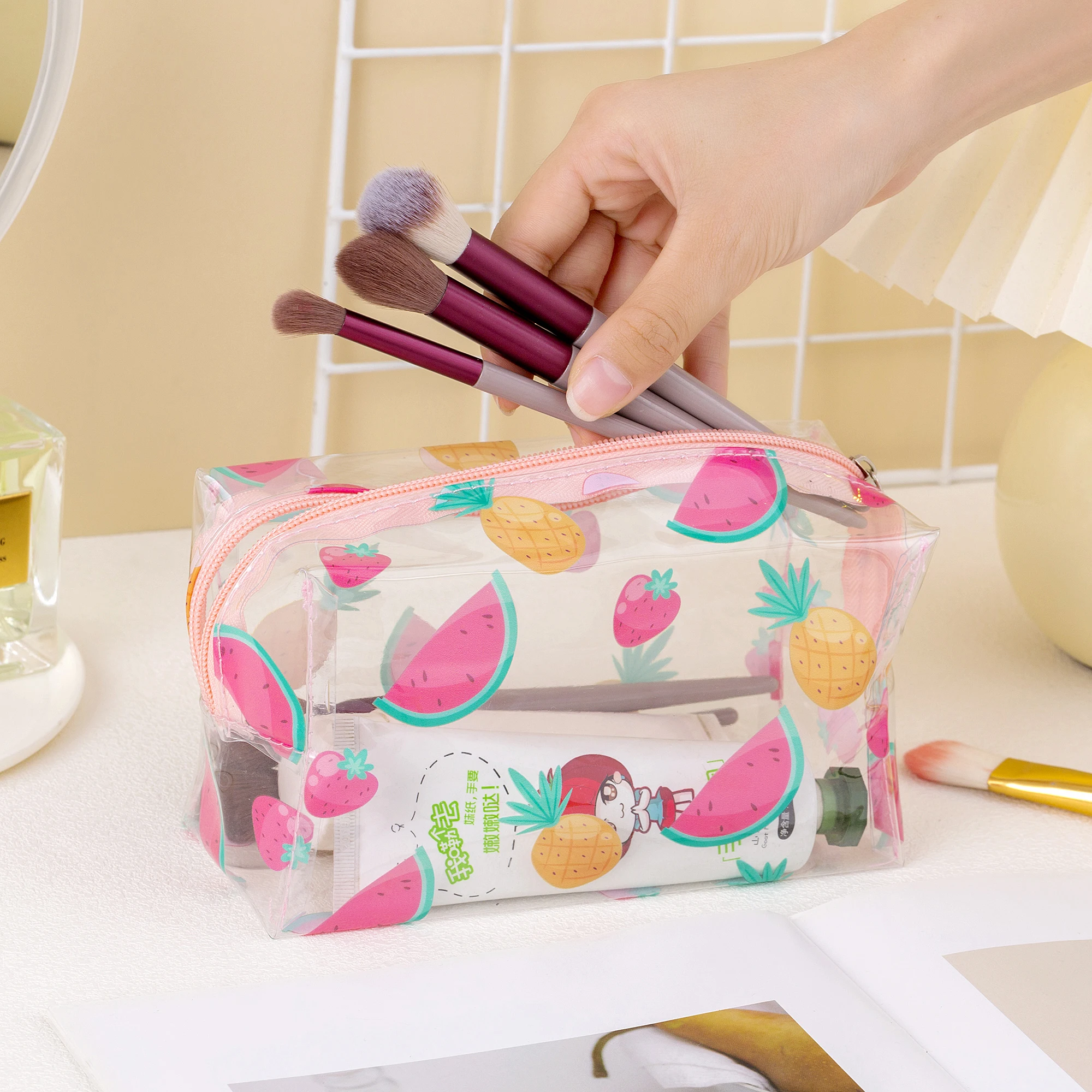 Women Girls Cute Transparent Clear PVC Watermelon Strawberry Fruits Lips Full Printed Summer Cosmetic Makeup Bag Cosmetic Zipper