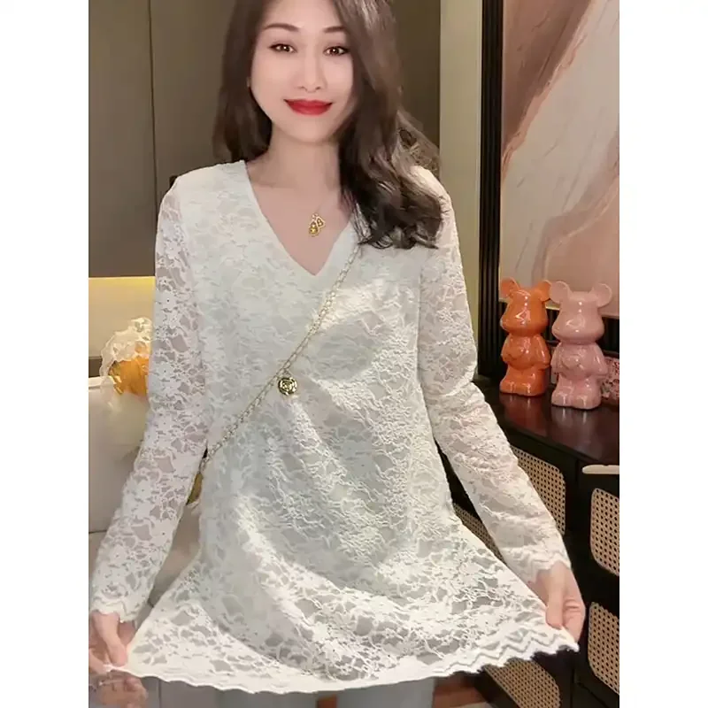 

Women's Spring New Elegant Lace Loose Slim Solid Versatile Chic V-Neck Mid-Length Long Sleeve Lace Top
