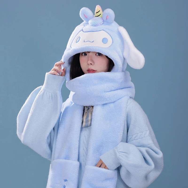 

Miniso Cinnamoroll Winter Teenage Boy Girls Hat Scarf Three-Piece Woman Cap Gloves Neck Cover 3-In-1 Pupil Cute Mother-Girl Gift