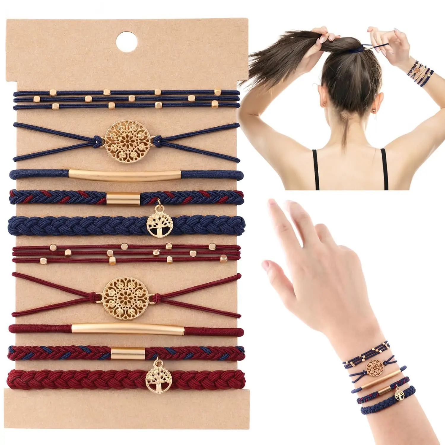 

10PC Metal Life Tree Hair Ring ponytail holder high-end bracelet rubber band accessory Hair Ties for Women Girls Hair Rings Rope