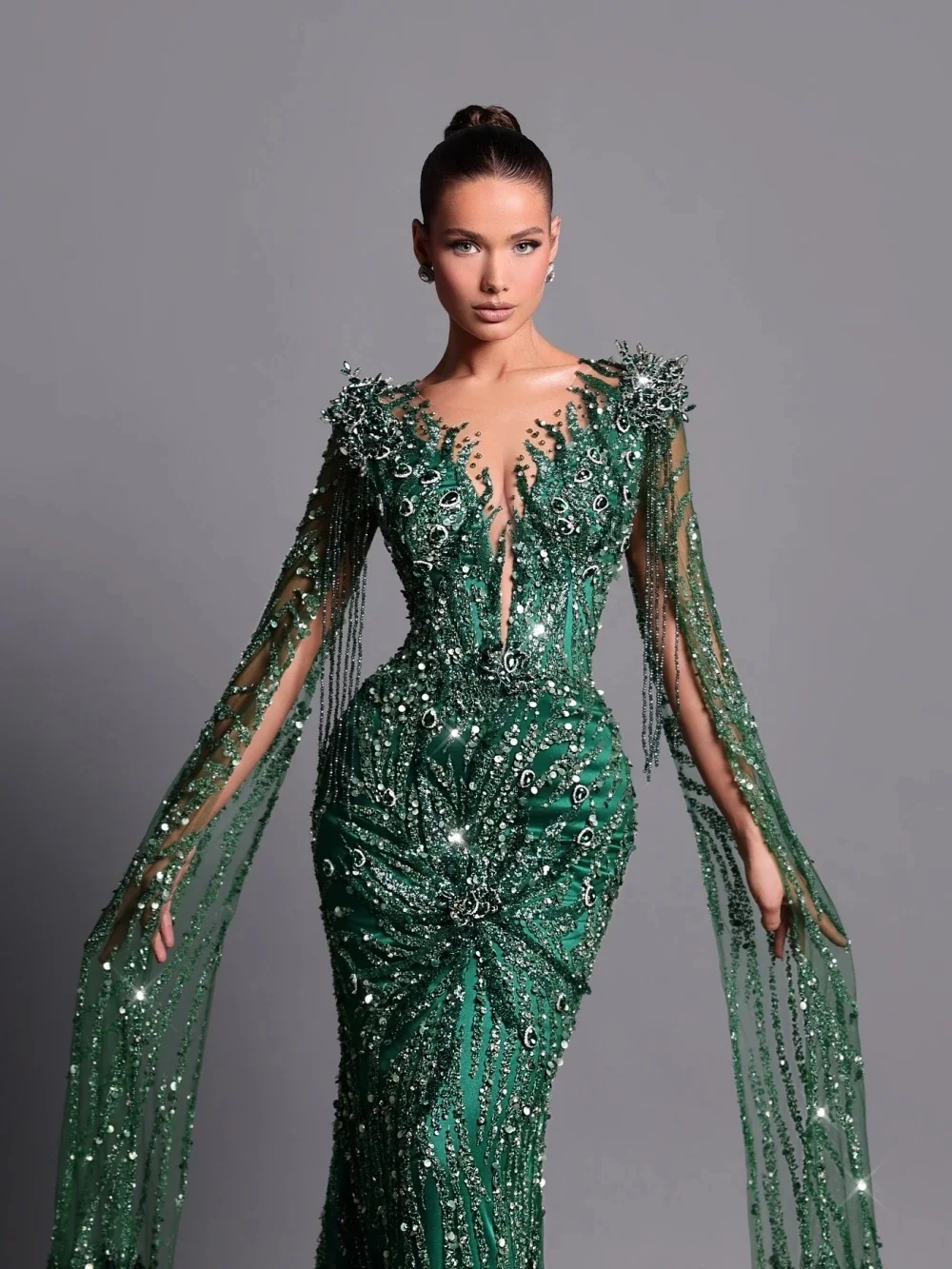 Wykwintne Kryształowe Sukienki Wieczorowe Sukienki Balowe z Cekinami i Piórami Sukienki na Imprezę Syrenka z Długimi Rękawami i Dekoltem w Serek Vestidos De Noche