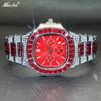 Reloj de lujo Missfox para hombre, esfera roja, diamantes helados, reloj de cuarzo Hip Hop resistente al agua, reloj cuadrado con diamantes para hombre, nuevo 2025