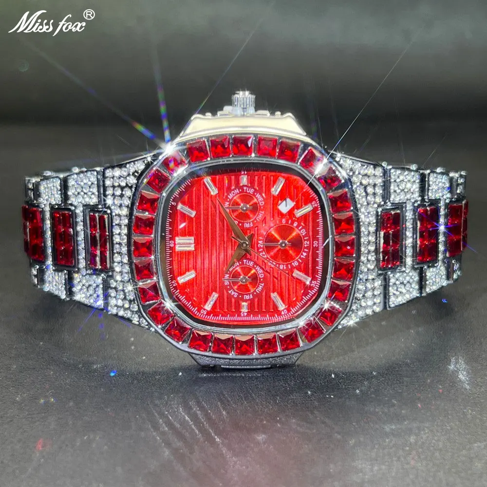 Missfox Luxury Watch For Men Red Dial Iced Out Diamond Hip Hop Quartz Waterproof Clock Men Square Diamond Male Watch 2025 New
