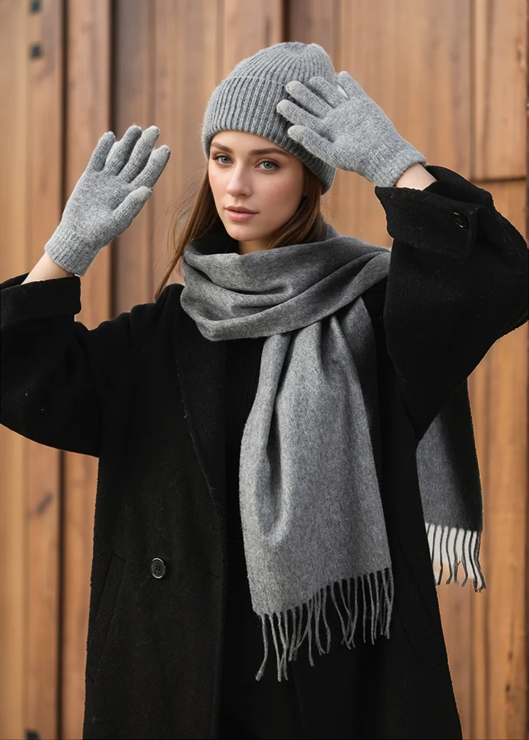 Winter clothes knitted fur glove casual hat and scarf set 2024